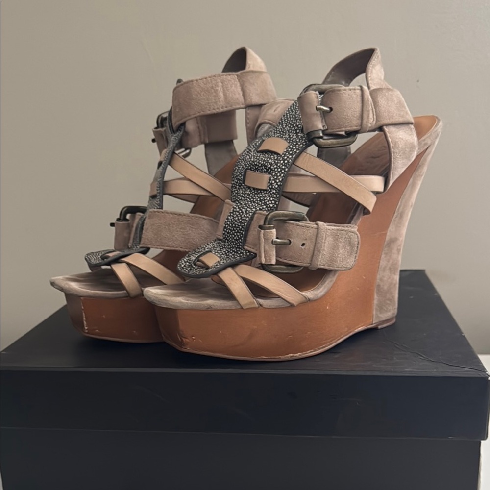 L.A.M.B. Tan and Black Wedge Sandals